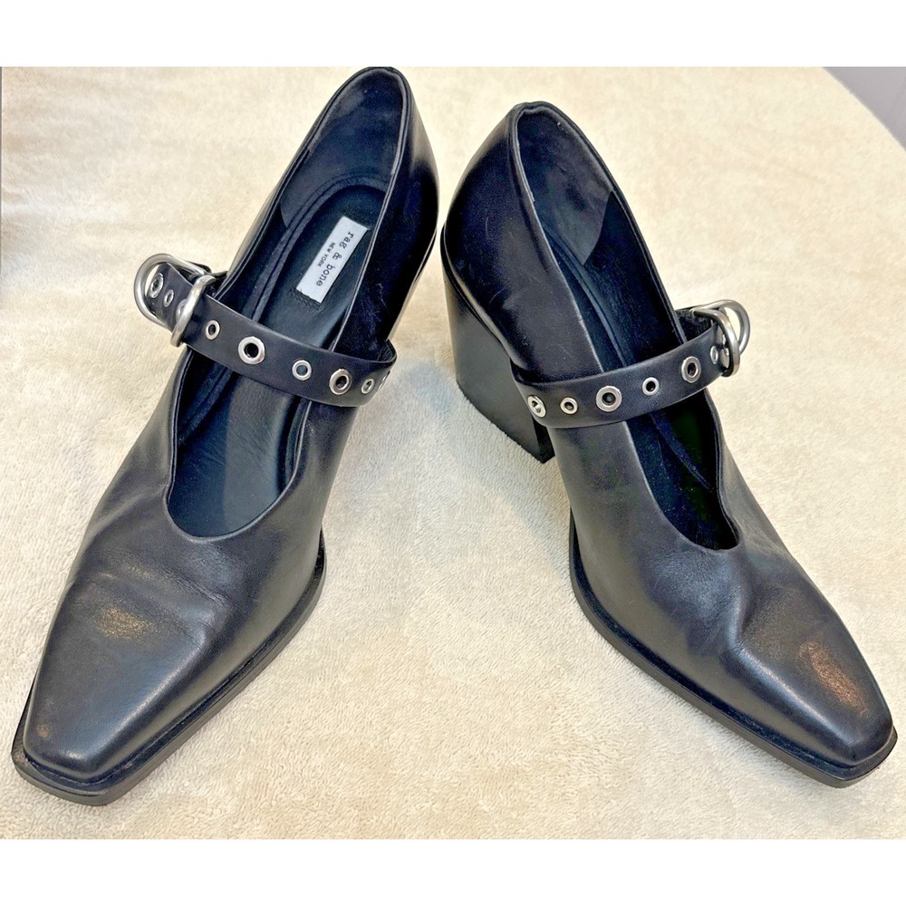 Rag & Bone Joni Black Leather‎ Square Toe Mary Jane Pumps 11 Buckle Slanted Heel - Picture 2 of 12